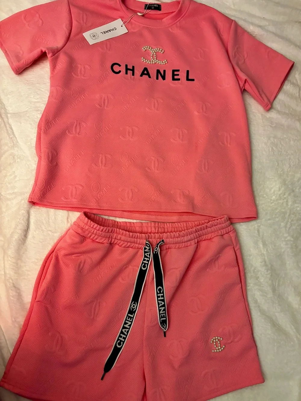 2 piece  Pink Pearl-Logo Embossed Lounge Set
